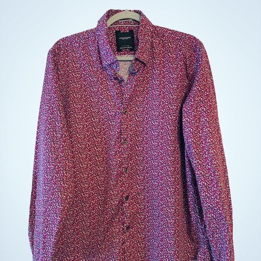 Denim & Flower Dress Shirt Men's Red & Blue Slim Fit 100% Cotton